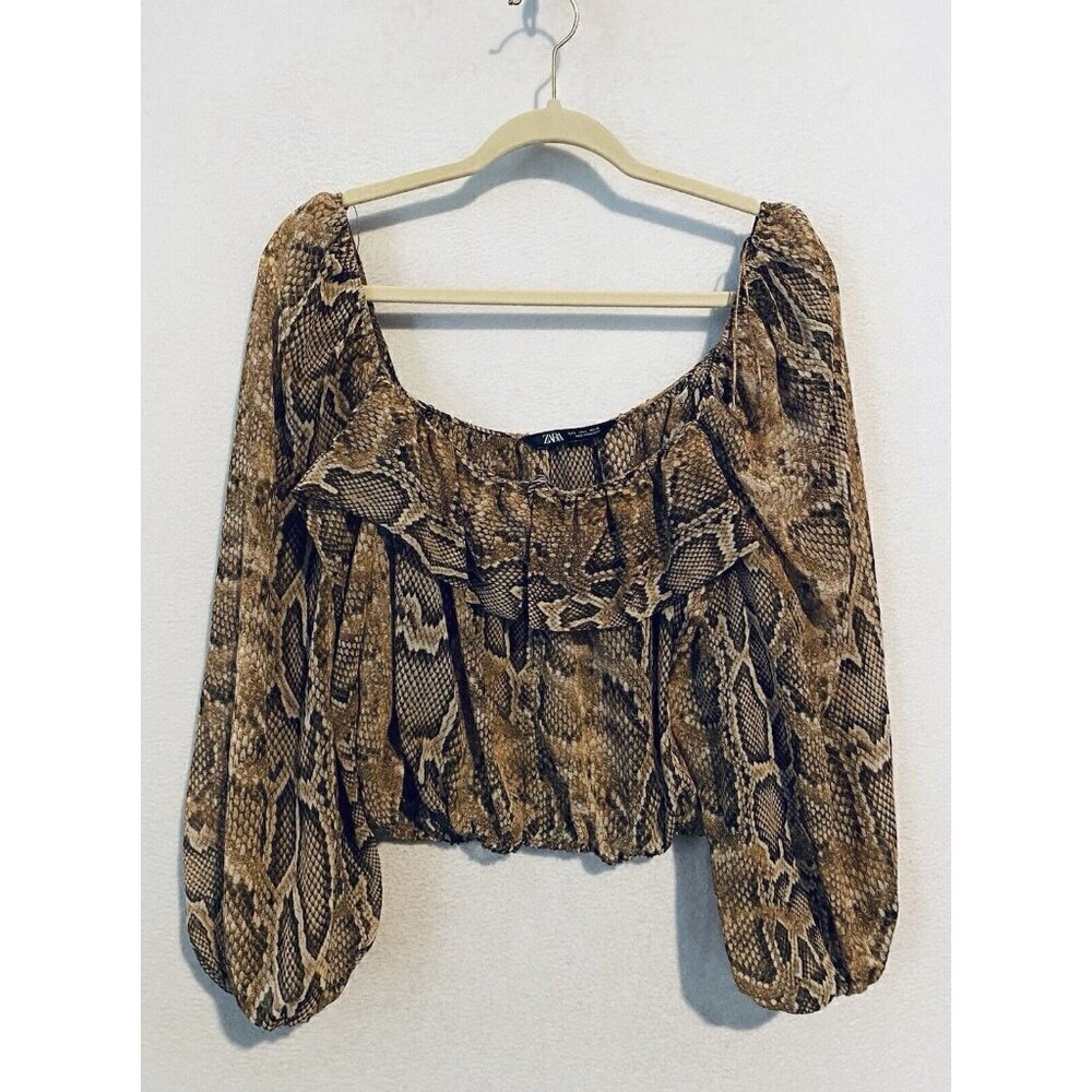 Zara Top Womens Large Snake Print Ruffle Collar Sheer Puffy Sleeve Cropped Boho